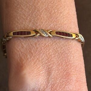 Vintage 10k Gold Bracelet with Rectangular Garnets & Diamond Chip Accents